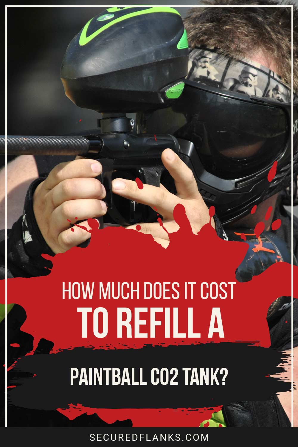 Person with a paintball gun wearing a helmet with stormtrooper print on it - How Much Does It Cost to Refill A Paintball CO2 Tank?