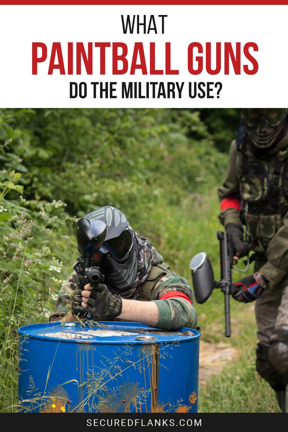 Person aiming with a paintball gun leading on a metal drum - What Paintball Guns Do the Military Use?